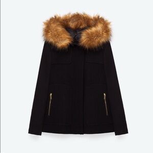 Zara Black Pea Coat with Fur Trim